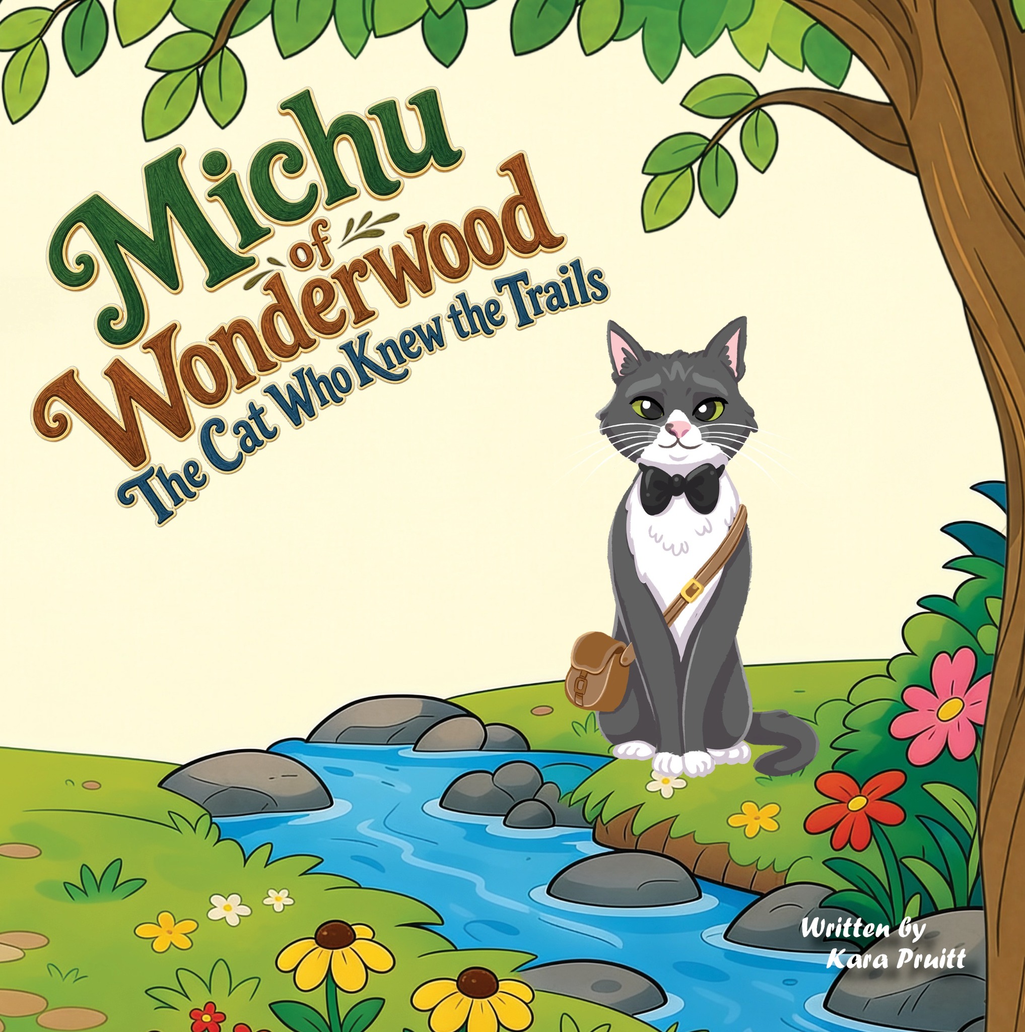 Cover of Michu of Wonderwood: The Cat Who Knew the Trails, showing Michu beside a woodland stream