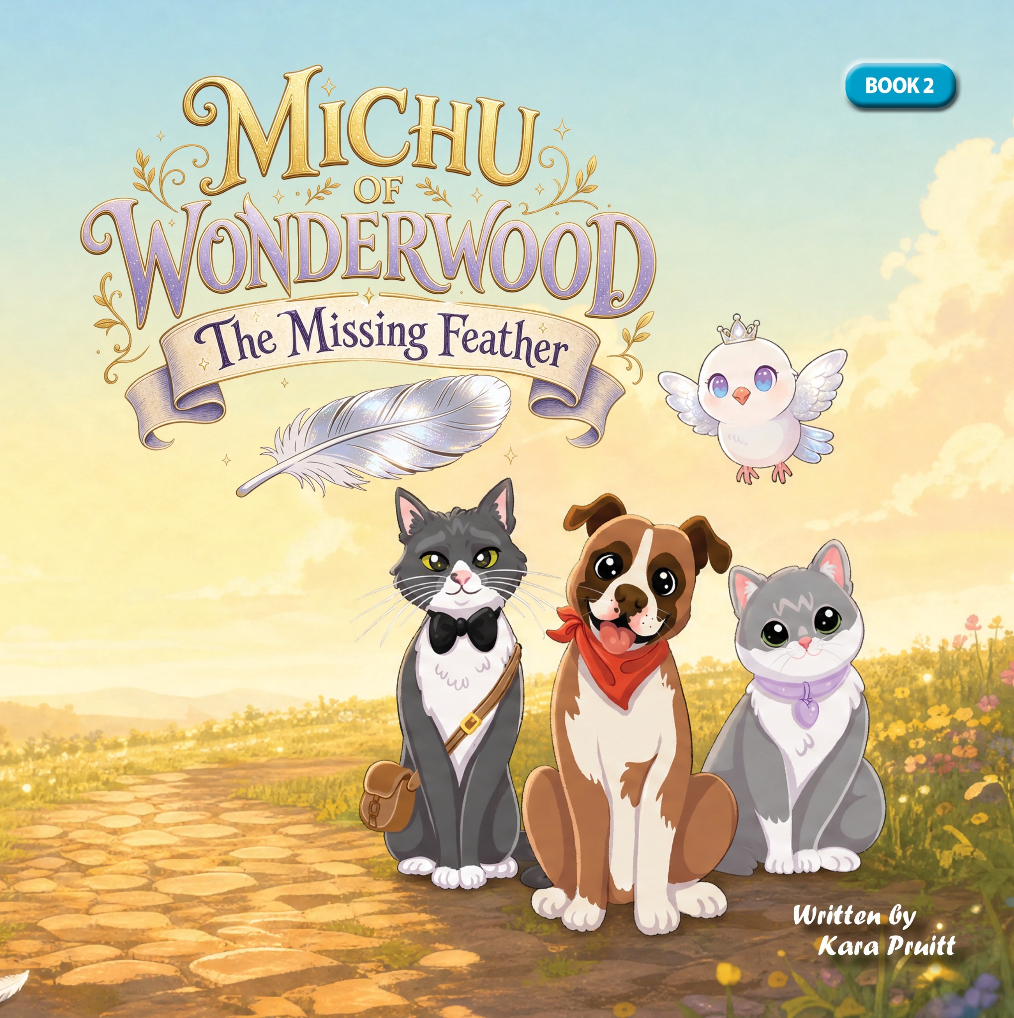 Cover of Michu of Wonderwood: The Missing Feather, showing Michu, Timber, Bella, and a small crowned bird
