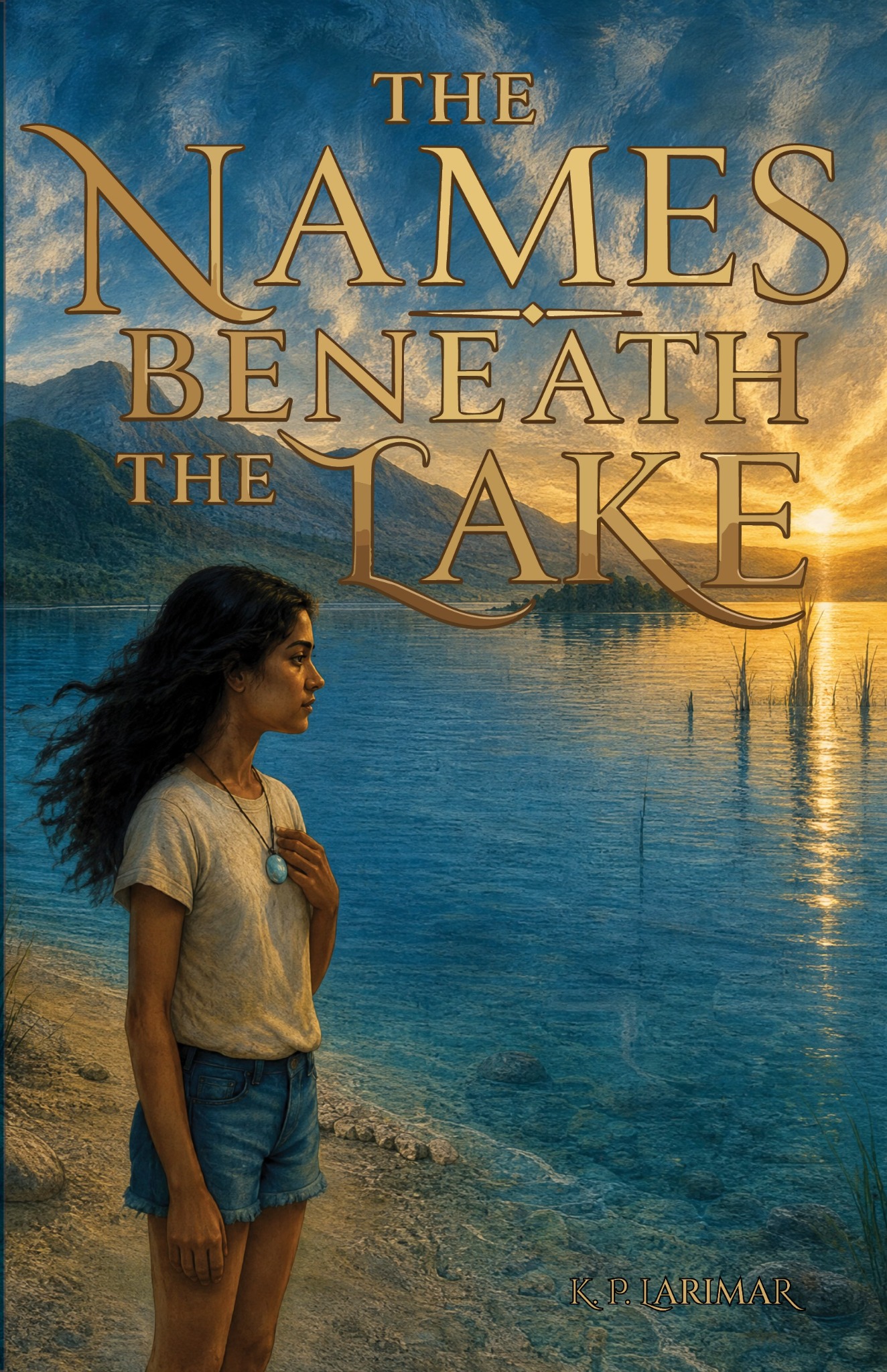 Cover of The Names Beneath the Lake, showing a girl standing beside a mountain lake at sunset